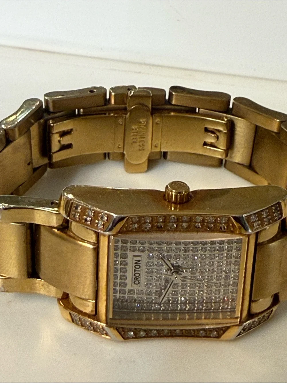 Croton Diamond Case Gold-Tone Rectangular Bracelet Watch Swiss Movement